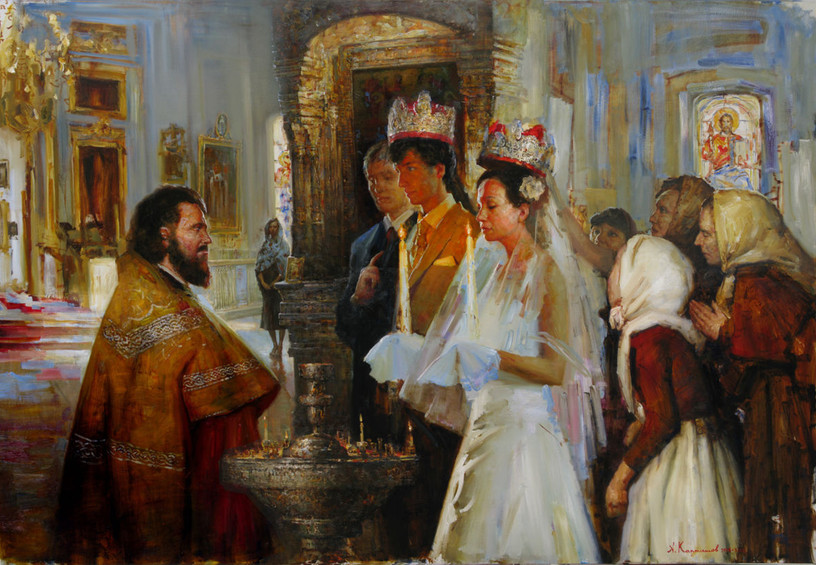 венчание, обряд венчания, церковь, жених и невеста, картина